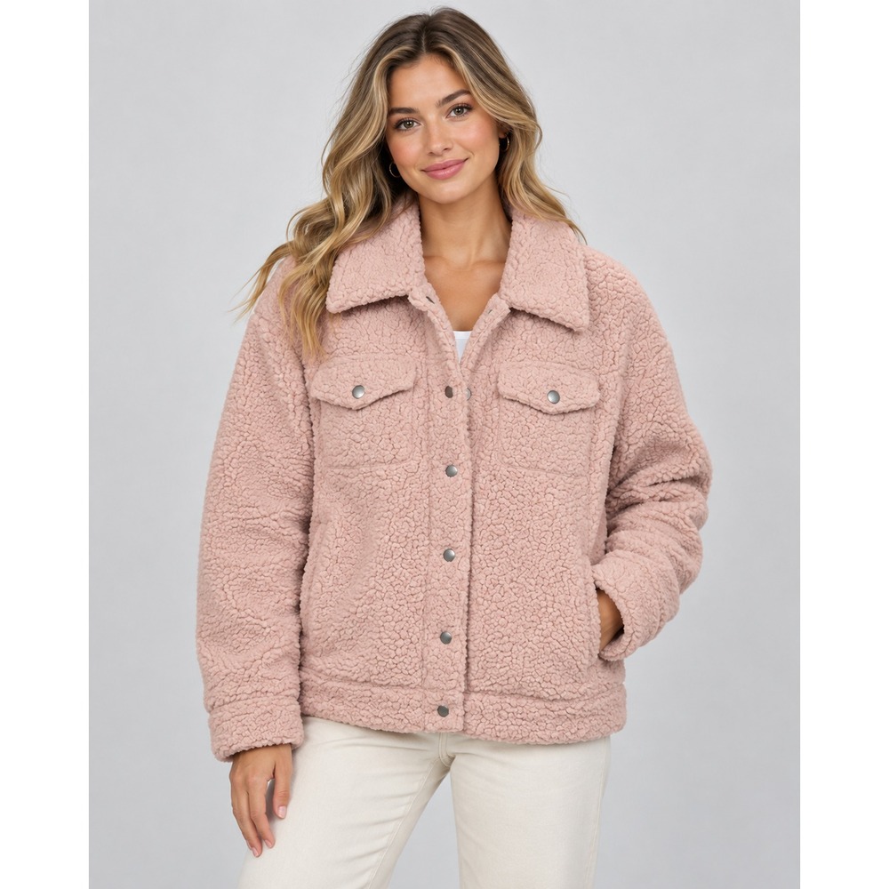 Womens Pink Sherpa Jacket Teddy Fleece Trucker Button Front Cozy Coat